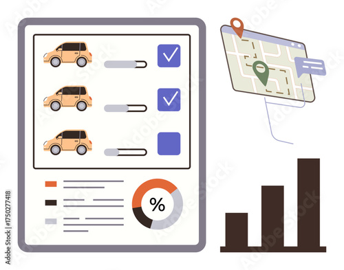 Data dashboard with car tracking list, progress bars, percentage chart, map pins on GPS, and bar graph analytics. Ideal for logistics, performance metrics, tracking, business reporting fleet