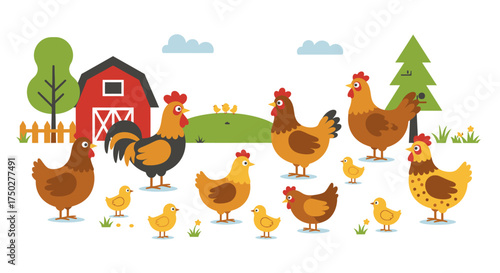 Colorful farm scene featuring chickens and chicks in a rural setting.
