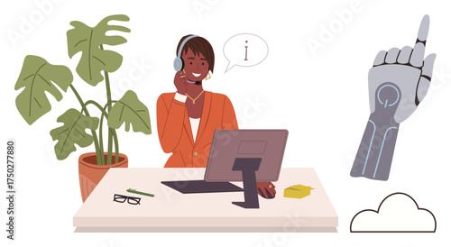 Agent using headset at desk, interacting with screen. Robotic AI hand, cloud, and plant nearby. Ideal for technology, AI support, communication, customer service innovation collaboration business