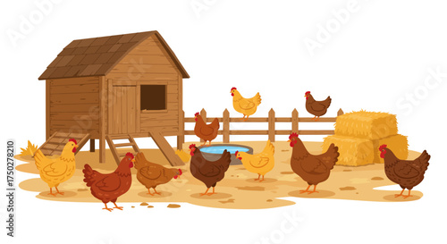 Chickens gather around a coop in a sunny farmyard scene.