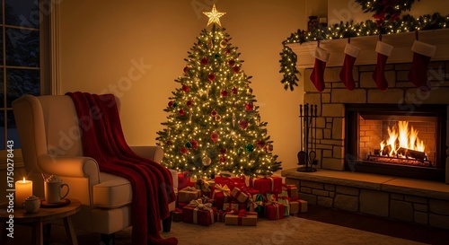 Cozy christmas living room with tree gifts and fireplace creating warm holiday mood