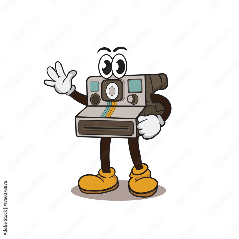 Fototapeta premium Cute Retro Camera Character Vector Mascot with Funny Face and Cartoon Hands