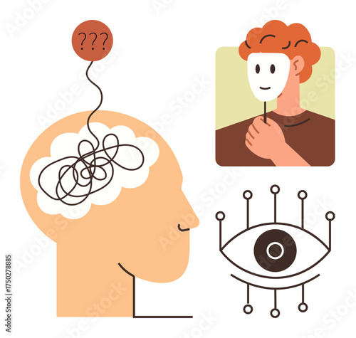 Head with tangled thoughts and question marks, person holding a mask, tech-inspired eye. Ideal for psychology, emotions, AI, identity, self-reflection perception decision-making. Simple flat