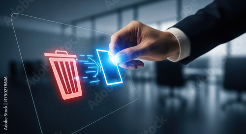 Hand deleting digital information from computer screen delete data concept