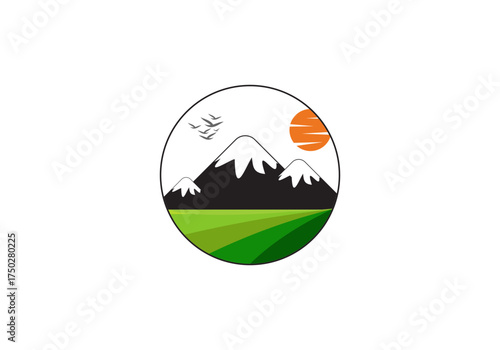 illustration of mountain and rice field views at dusk vector logo