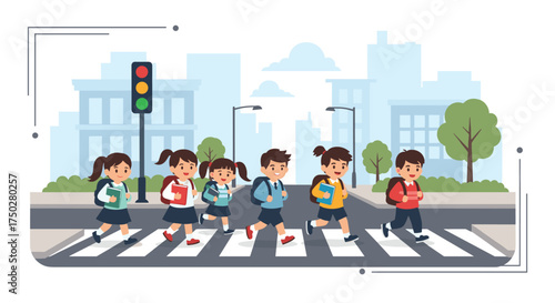 Children safely crossing the street at a pedestrian crossing with a traffic signal.