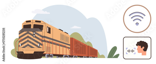 Freight train traveling through nature with wireless connectivity symbol and voice recognition icon. Ideal for technology, transportation, logistics, innovation, communication, automation, progress