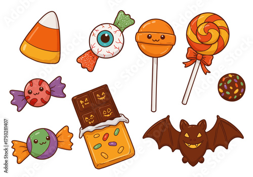 A set of 6 colorful Halloween candies — candy corn, eyeball candy, lollipop, chocolate bar, and gummy bat — cartoon illustration, white background, cheerful and playful design.