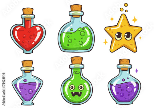 A set of 6 colorful potion bottles — heart potion, green slime potion, star potion, spooky eyes potion, and bubbly purple potion — cartoon illustration, glossy highlights, white background.