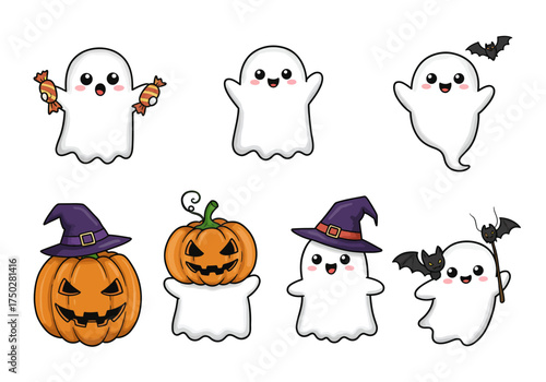 A collection of 6 adorable ghosts — one holding candy, one waving, one hiding in a pumpkin, one with a witch hat, and one playing with a bat — cartoon illustration, white background, soft edges.