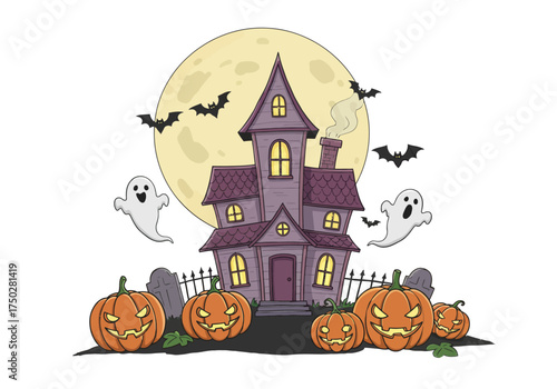 A set of 6 elements — cute haunted house, full moon, bats, ghosts, and pumpkins — cartoon illustration with white background, soft color palette, child-friendly spooky style.