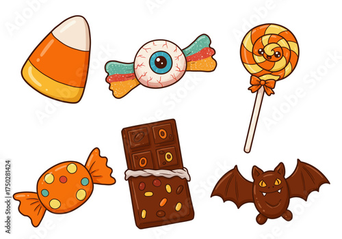 A set of 6 colorful Halloween candies — candy corn, eyeball candy, lollipop, chocolate bar, and gummy bat — cartoon illustration, white background, cheerful and playful design.