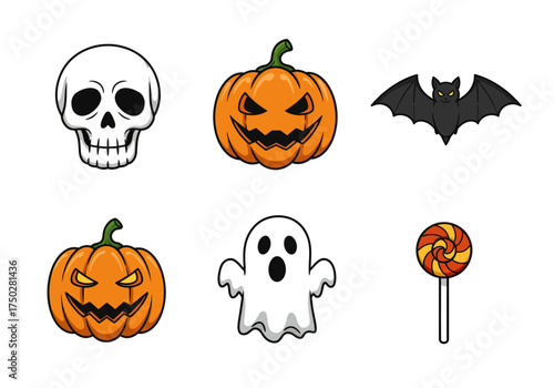 A set of 6 flat cartoon icons — skull, pumpkin, ghost, bat, and candy — with bold outlines and minimal shading, Halloween theme, white background, perfect for web or app use.