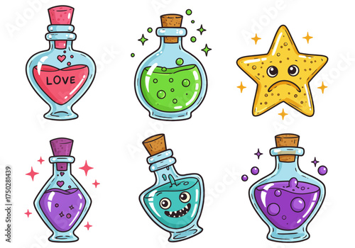 A set of 6 colorful potion bottles — heart potion, green slime potion, star potion, spooky eyes potion, and bubbly purple potion — cartoon illustration, glossy highlights, white background.