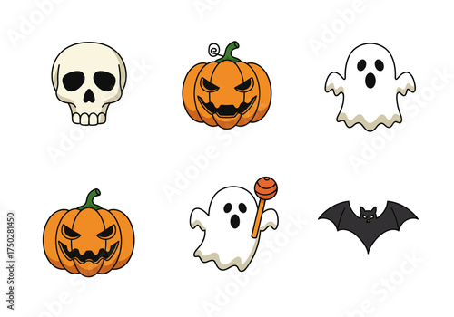A set of 6 flat cartoon icons — skull, pumpkin, ghost, bat, and candy — with bold outlines and minimal shading, Halloween theme, white background, perfect for web or app use.