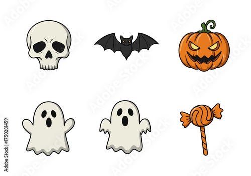 A set of 6 flat cartoon icons — skull, pumpkin, ghost, bat, and candy — with bold outlines and minimal shading, Halloween theme, white background, perfect for web or app use.