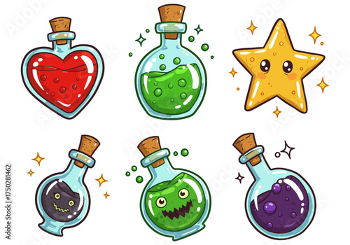 A set of 6 colorful potion bottles — heart potion, green slime potion, star potion, spooky eyes potion, and bubbly purple potion — cartoon illustration, glossy highlights, white background.
