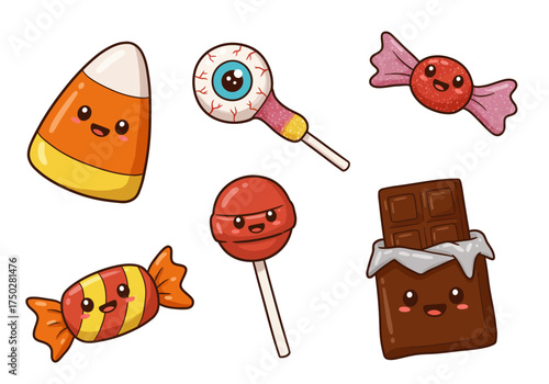 A set of 6 colorful Halloween candies — candy corn, eyeball candy, lollipop, chocolate bar, and gummy bat — cartoon illustration, white background, cheerful and playful design.