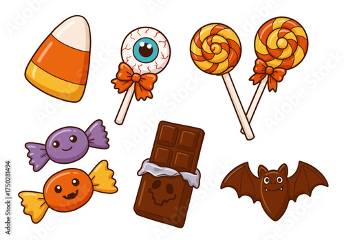 A set of 6 colorful Halloween candies — candy corn, eyeball candy, lollipop, chocolate bar, and gummy bat — cartoon illustration, white background, cheerful and playful design.