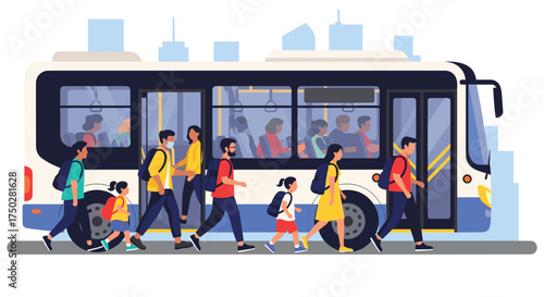 People boarding and disembarking a city bus during the day.