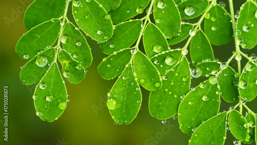 extreme close-up of fresh and green moringa oleifera leaves with dew drops