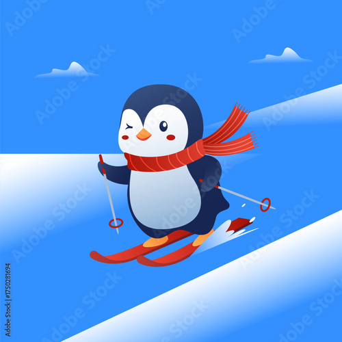 Cute Penguin Skiing in Winter – Flat Vector Cartoon Illustration
