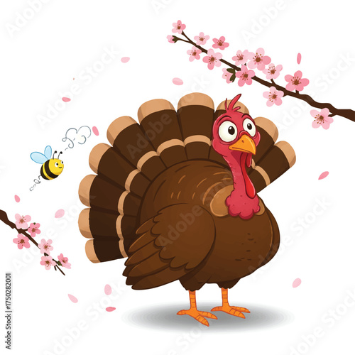 Funny, startled turkey reacts to a playful bee in a vibrant 2D flat vector illustration with delicate cherry blossoms on a spring day, white background.