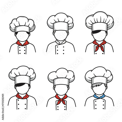 Six chef hat icons with different scarves for culinary professionals and food service industry vector on white background