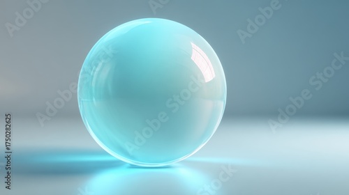 Translucent Cyan Sphere Glowing With Blue Light On A Reflective Surface