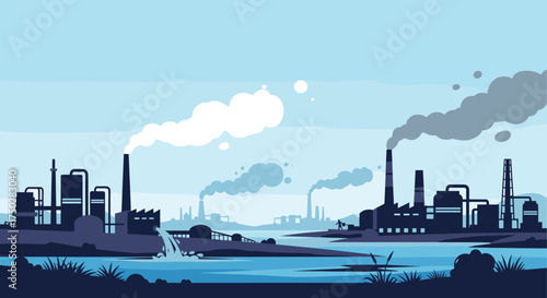 An industrial landscape with smoke billowing from tall stacks above a serene river.