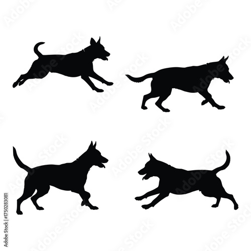 Four silhouettes of dogs in various running poses capturing canine motion and energy silhouette