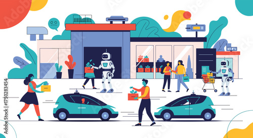 Robots and autonomous vehicles facilitate grocery shopping and delivery services at a modern store.
