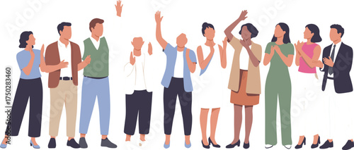 Diverse group of people standing together, clapping and celebrating teamwork, success, inclusion, unity, diversity, collaboration, motivation, leadership, happiness, positivity