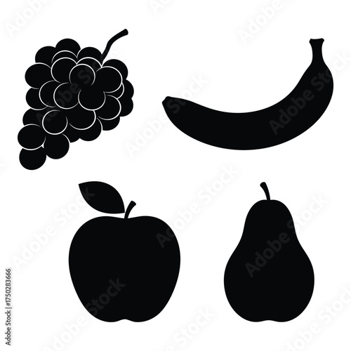 Simple black silhouettes of fresh fruits grapes banana apple pear for healthy eating concepts silhouette