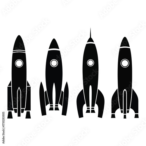 Four stylized black rocket silhouettes space exploration transportation cosmic journey retro sci-fi design elements silhouette