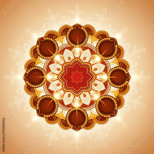 A beautiful, glowing mandala design made of traditional Indian oil lamps, or diyas, for the Diwali festival celebration.