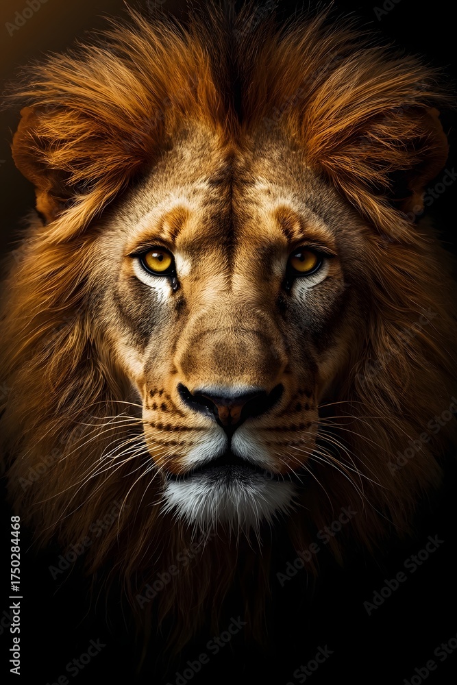 Fototapeta premium Highly detailed majestic lion portrait with intense golden eyes and rich textured mane captured against a dark background for wildlife and artistic design