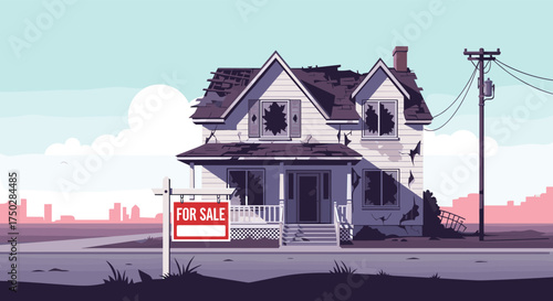 An abandoned old house with a for sale sign stands in a desolate landscape.