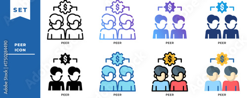 Peer Icon Set – Peer to Peer Network, Collaboration, and Digital Connection in Blockchain and Finance Concept