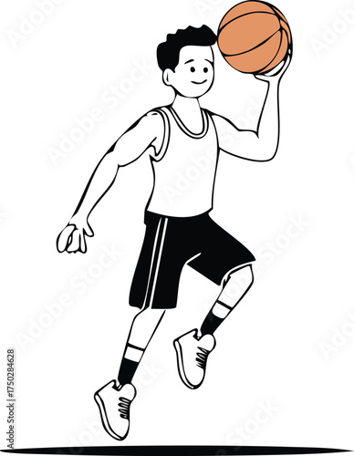 Cartoon illustration of a young boy playing basketball, dribbling the ball while in motion.