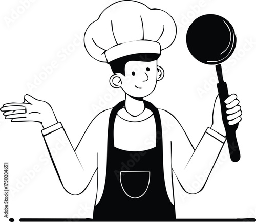 Black and white line art illustration of a smiling male chef wearing a hat and apron, holding a ladle and gesturing.