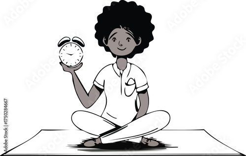 An illustration of a person with curly hair sitting cross-legged on a mat, holding an alarm clock, depicting time management or mindfulness.