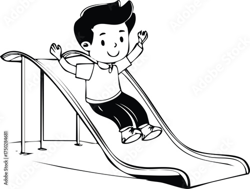 A cheerful cartoon boy with his arms raised, sliding down a playground slide in a black and white illustration.