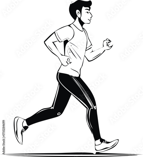 Black and white illustration of a man running in athletic wear, depicted in profile view.