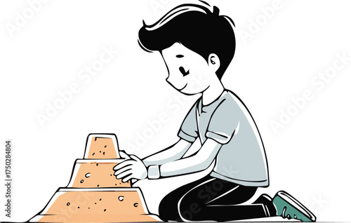 A cheerful cartoon boy kneeling and meticulously building a multi-tiered sandcastle with his hands, enjoying a creative moment.