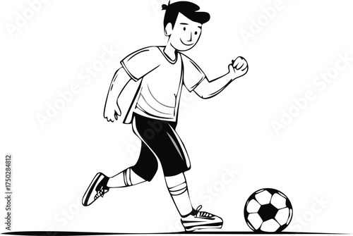 A black and white illustration of a young boy playing soccer, dribbling the ball with his foot.