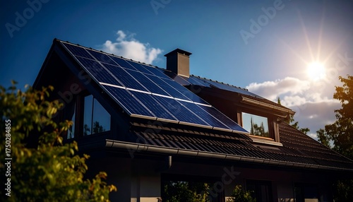Wallpaper Mural Modern Home Rooftop Solar Panels Gleaming Under Bright Sun and Blue Sky Torontodigital.ca