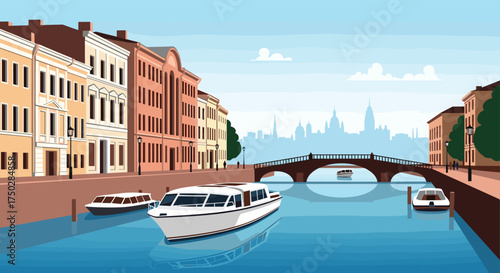A vibrant canal scene with boats and historic buildings in an old European city.