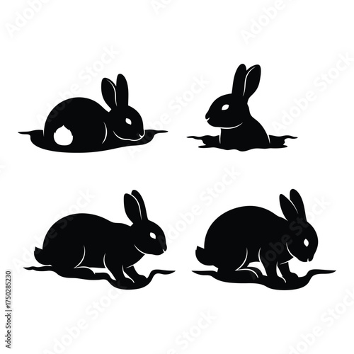Four black silhouette rabbit poses isolated art for cute spring easter decoration and animal themed projects silhouette