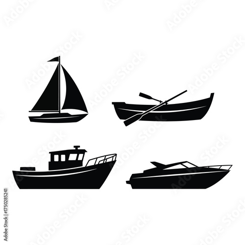 Four silhouette nautical vessels including sailboat rowboat motorboat and yacht for maritime transportation and water recreation themes silhouette